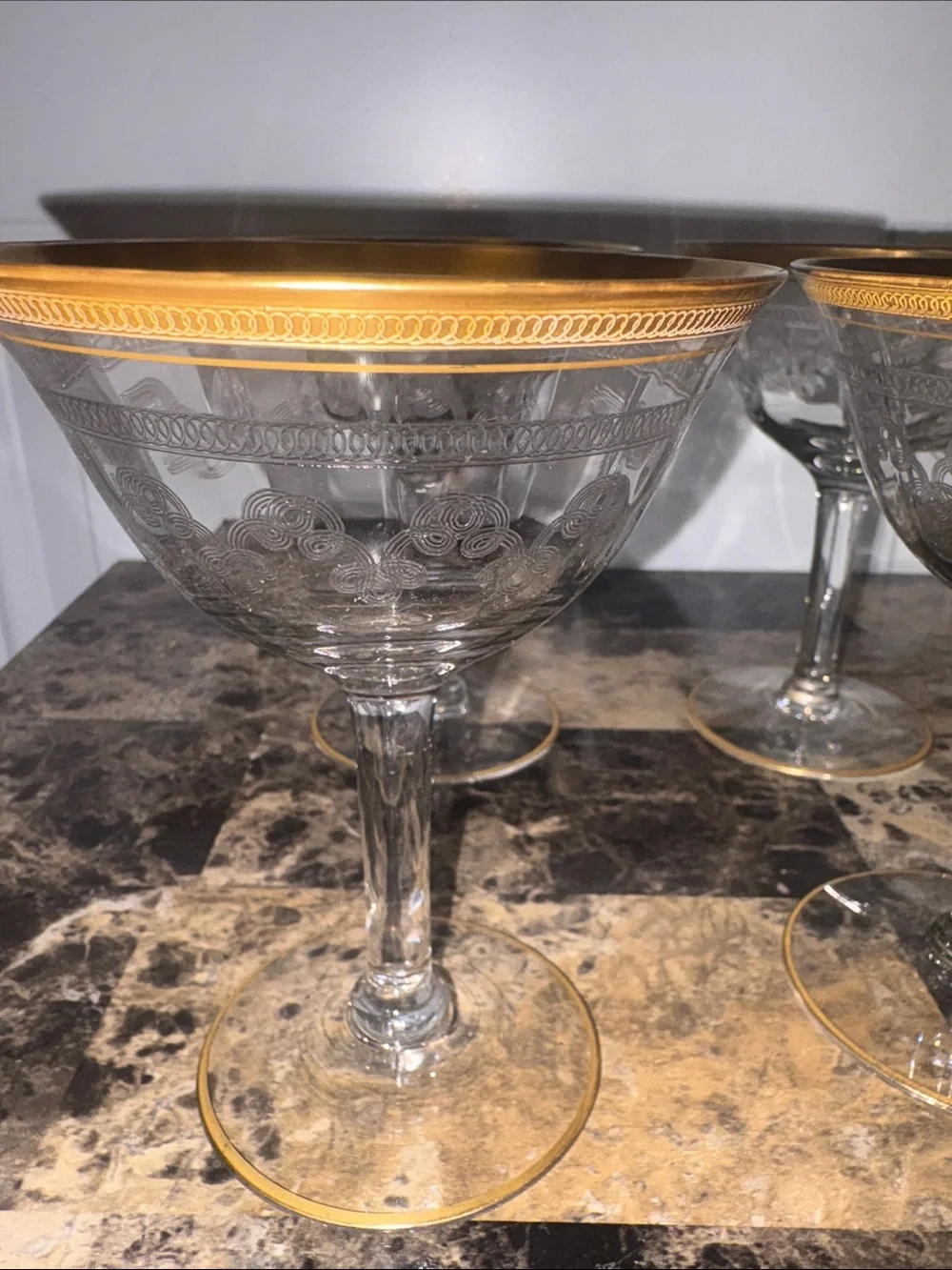 Vintage Gold-Rimmed Encrusted Etched Glass Coupe (Set of 6)